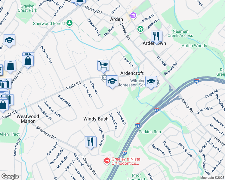 map of restaurants, bars, coffee shops, grocery stores, and more near 2120 Veale Road in Wilmington