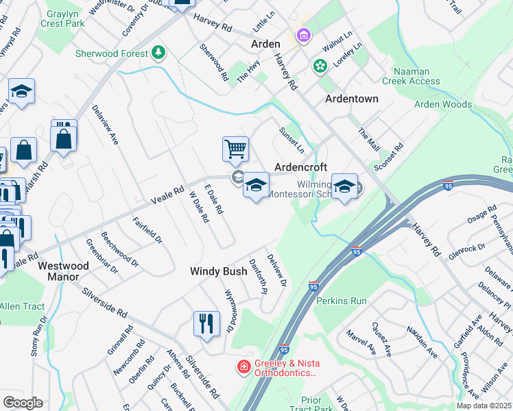 map of restaurants, bars, coffee shops, grocery stores, and more near 2120 Veale Road in Wilmington