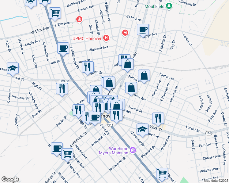 map of restaurants, bars, coffee shops, grocery stores, and more near 223 Chestnut Street in York