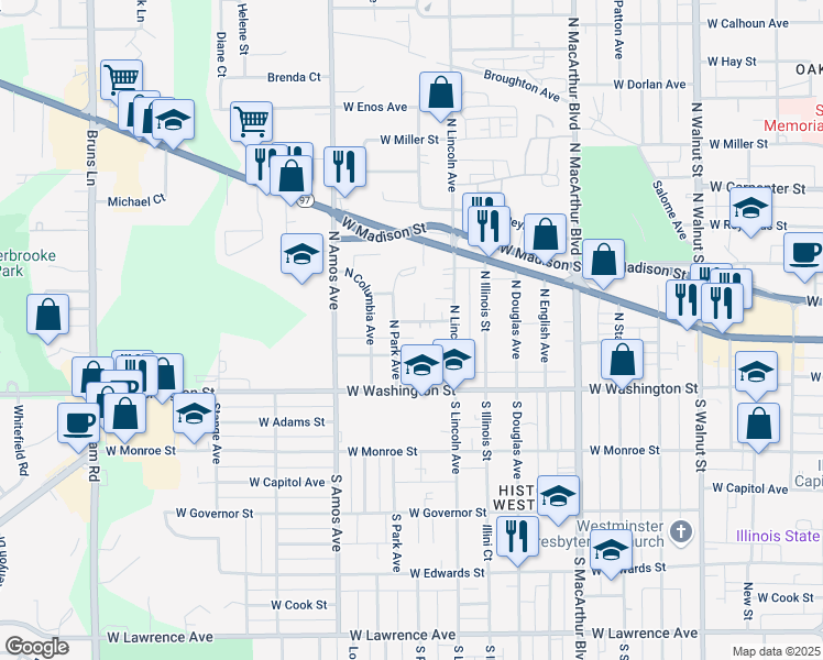 map of restaurants, bars, coffee shops, grocery stores, and more near 1233 North Park Avenue in Springfield