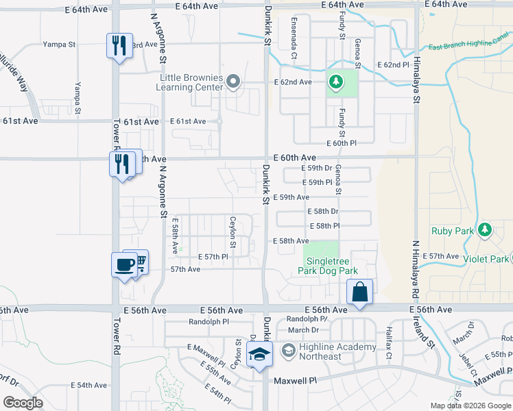 map of restaurants, bars, coffee shops, grocery stores, and more near 19307 North Dunkirk Street in Aurora