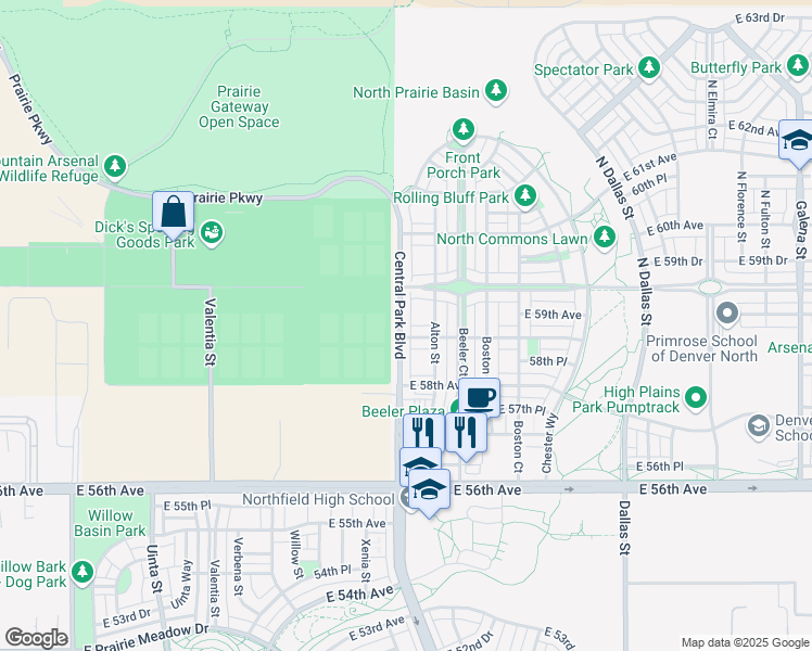 map of restaurants, bars, coffee shops, grocery stores, and more near 5922 Central Park Boulevard in Denver