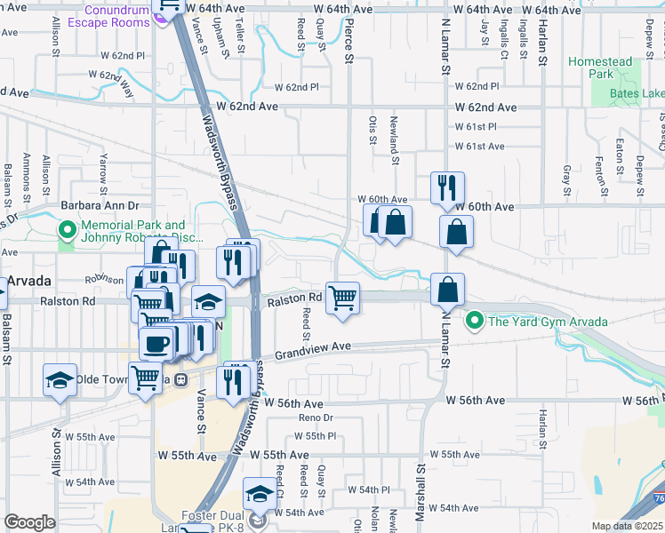 map of restaurants, bars, coffee shops, grocery stores, and more near 5887 Pierce Street in Arvada
