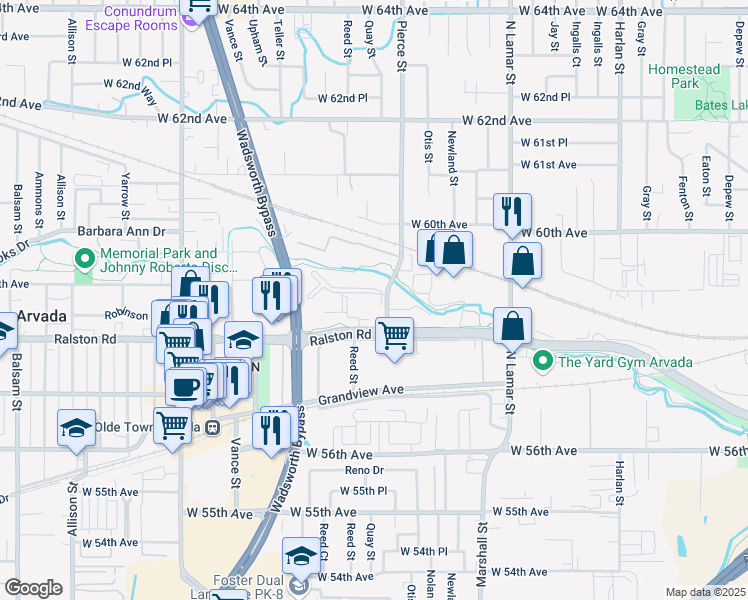 map of restaurants, bars, coffee shops, grocery stores, and more near 5887 Pierce Street in Arvada