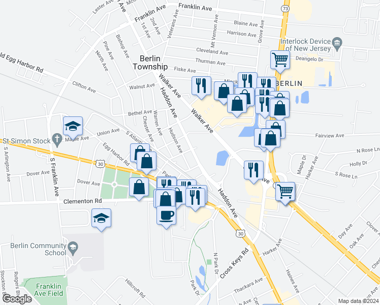 map of restaurants, bars, coffee shops, grocery stores, and more near 77 County Road 561 in Berlin Township