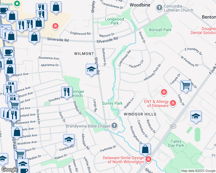 map of restaurants, bars, coffee shops, grocery stores, and more near 2219 Shipley Road in Wilmington