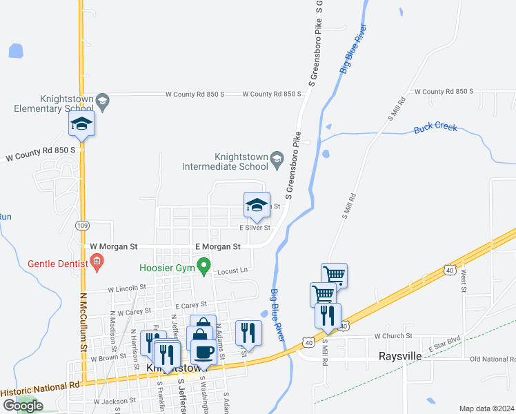 map of restaurants, bars, coffee shops, grocery stores, and more near North Eastview Street in Knightstown