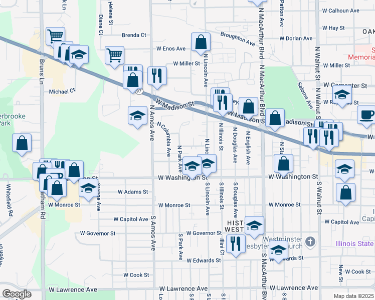 map of restaurants, bars, coffee shops, grocery stores, and more near 1233 North Park Avenue in Springfield