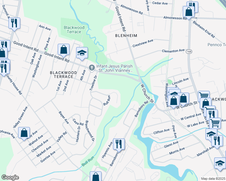map of restaurants, bars, coffee shops, grocery stores, and more near 121 Azalea Drive in Deptford Township