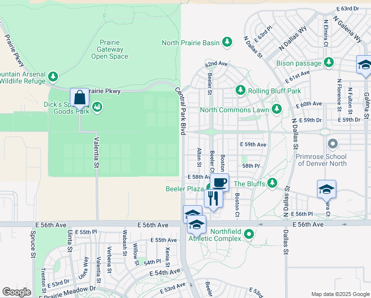 map of restaurants, bars, coffee shops, grocery stores, and more near 5888 Central Park Boulevard in Denver