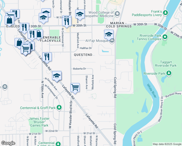 map of restaurants, bars, coffee shops, grocery stores, and more near 2824 Colerain Drive in Indianapolis