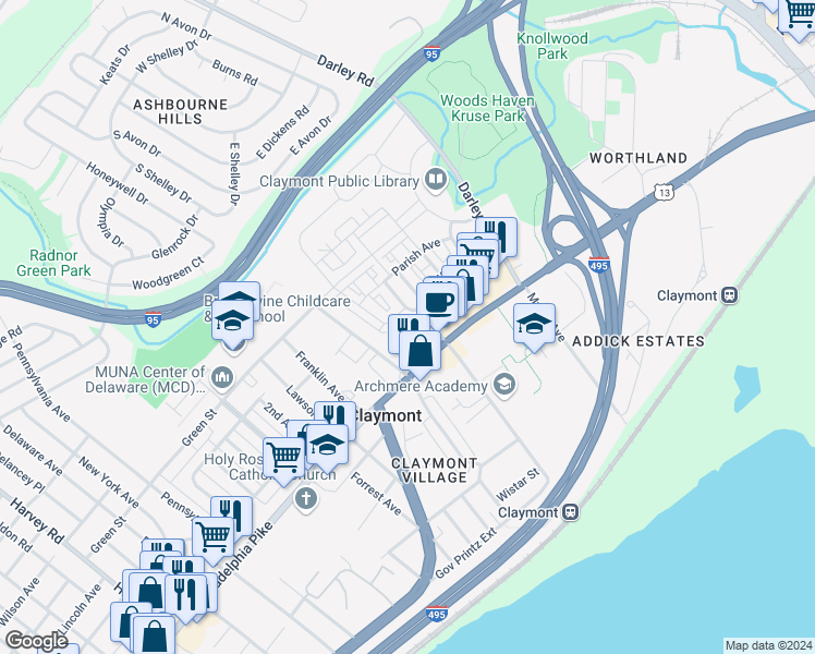 map of restaurants, bars, coffee shops, grocery stores, and more near 831 Manor Avenue in Claymont