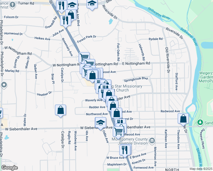 map of restaurants, bars, coffee shops, grocery stores, and more near 4032 North Main Street in Dayton