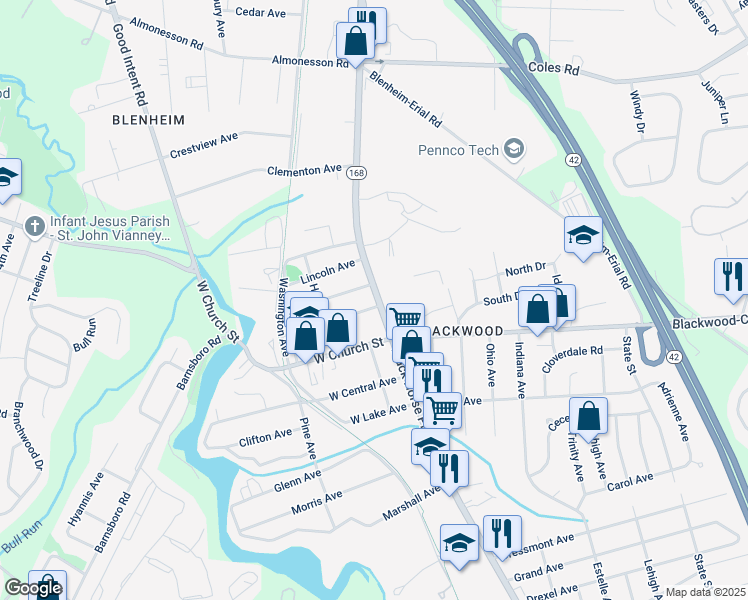 map of restaurants, bars, coffee shops, grocery stores, and more near 100 North Black Horse Pike in Gloucester Township