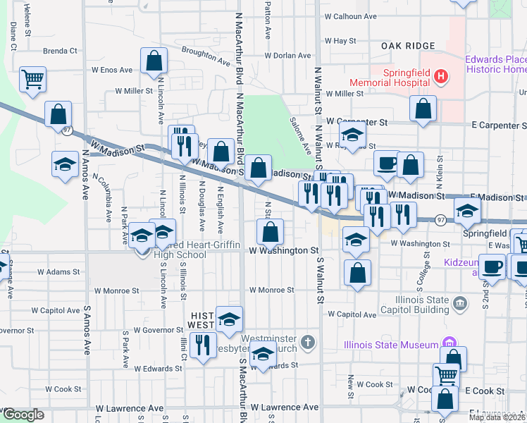map of restaurants, bars, coffee shops, grocery stores, and more near 906 West Jefferson Street in Springfield