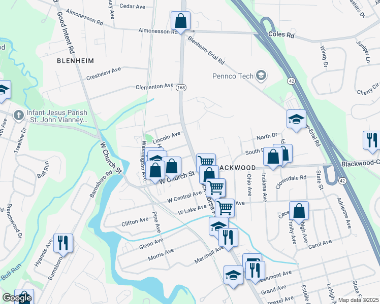 map of restaurants, bars, coffee shops, grocery stores, and more near 127 North Black Horse Pike in Camden County
