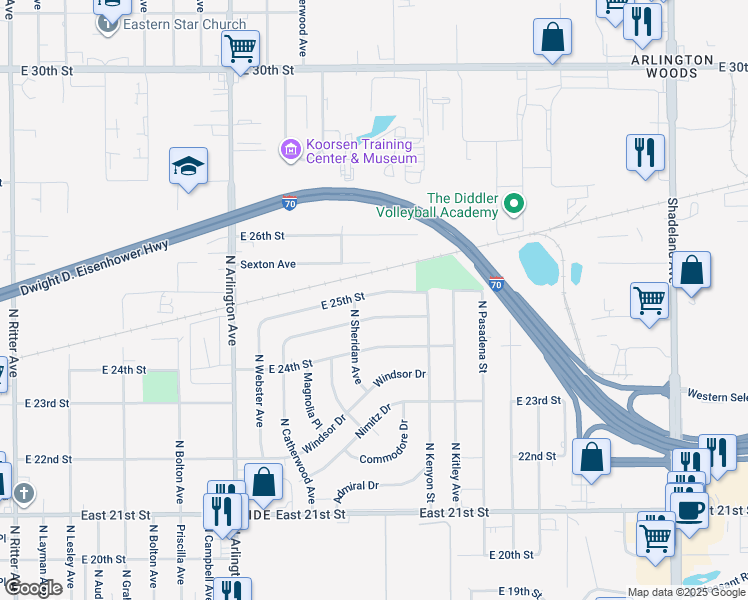 map of restaurants, bars, coffee shops, grocery stores, and more near 6219 East 25th Street in Indianapolis
