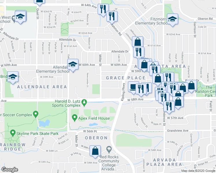 map of restaurants, bars, coffee shops, grocery stores, and more near 10337 West 58th Place in Arvada
