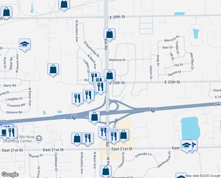 map of restaurants, bars, coffee shops, grocery stores, and more near 2442 Morning Star Drive in Indianapolis