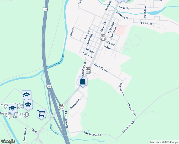 map of restaurants, bars, coffee shops, grocery stores, and more near 7035 Mason Dixon Highway in Meyersdale