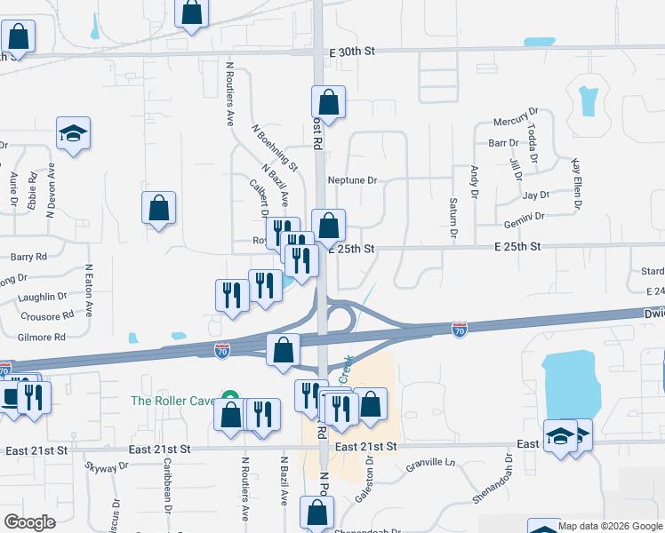 map of restaurants, bars, coffee shops, grocery stores, and more near 9023 East 25th Street in Indianapolis