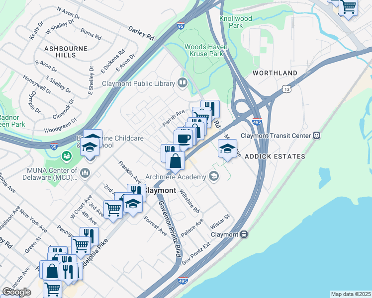 map of restaurants, bars, coffee shops, grocery stores, and more near 3547 Philadelphia Pike in Claymont