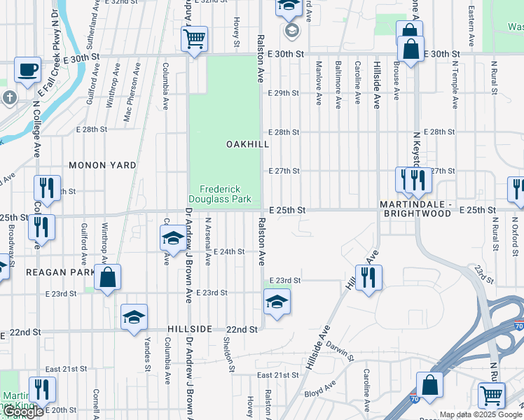 map of restaurants, bars, coffee shops, grocery stores, and more near E 25th St & Ralston Ave in Indianapolis