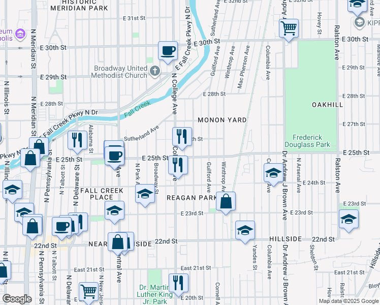 map of restaurants, bars, coffee shops, grocery stores, and more near 2540 Carrollton Avenue in Indianapolis