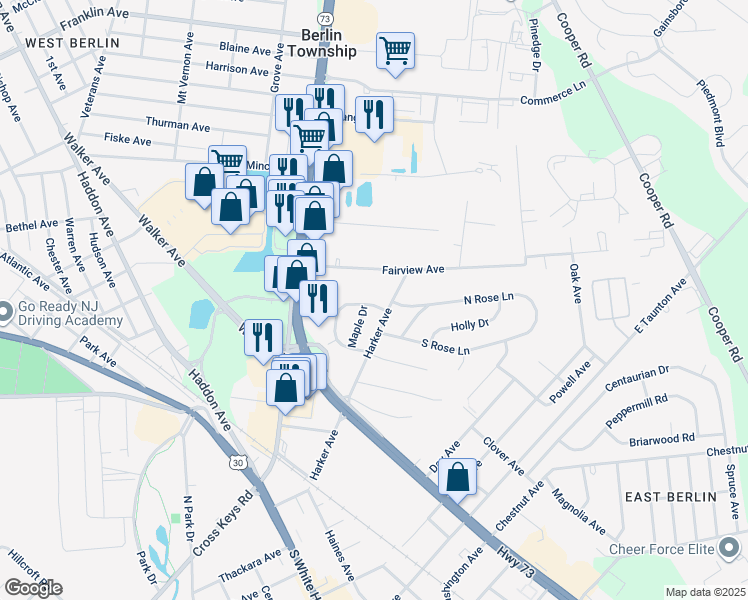 map of restaurants, bars, coffee shops, grocery stores, and more near 6 North Walnut Circle in Berlin Township