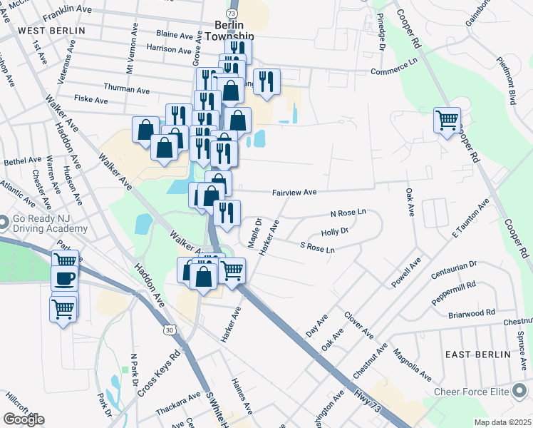 map of restaurants, bars, coffee shops, grocery stores, and more near 6 North Walnut Circle in Berlin Township