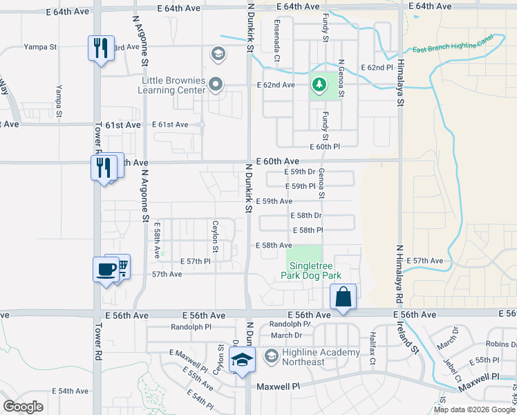 map of restaurants, bars, coffee shops, grocery stores, and more near 19423 East 59th Avenue in Aurora
