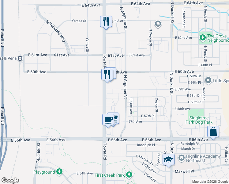 map of restaurants, bars, coffee shops, grocery stores, and more near 5940 Tower Road in Denver