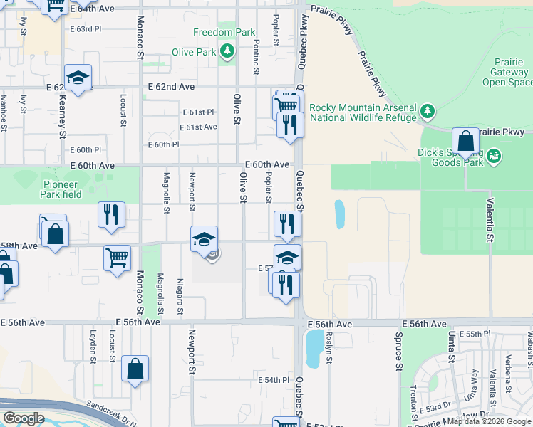 map of restaurants, bars, coffee shops, grocery stores, and more near 7145 East 59th Avenue in Commerce City