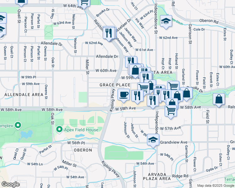 map of restaurants, bars, coffee shops, grocery stores, and more near 10120 West 59th Avenue in Arvada