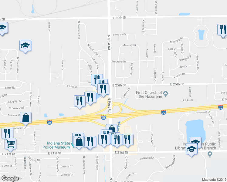 map of restaurants, bars, coffee shops, grocery stores, and more near 9023 East 25th Street in Indianapolis