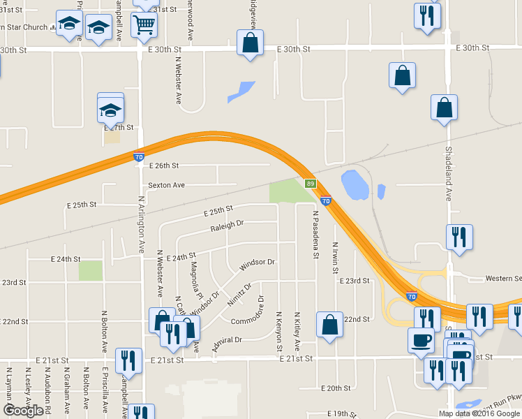 map of restaurants, bars, coffee shops, grocery stores, and more near 6268 East 25th Street in Indianapolis