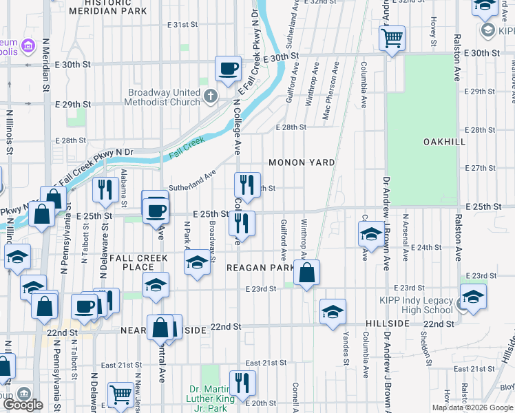 map of restaurants, bars, coffee shops, grocery stores, and more near 2540 Carrollton Avenue in Indianapolis
