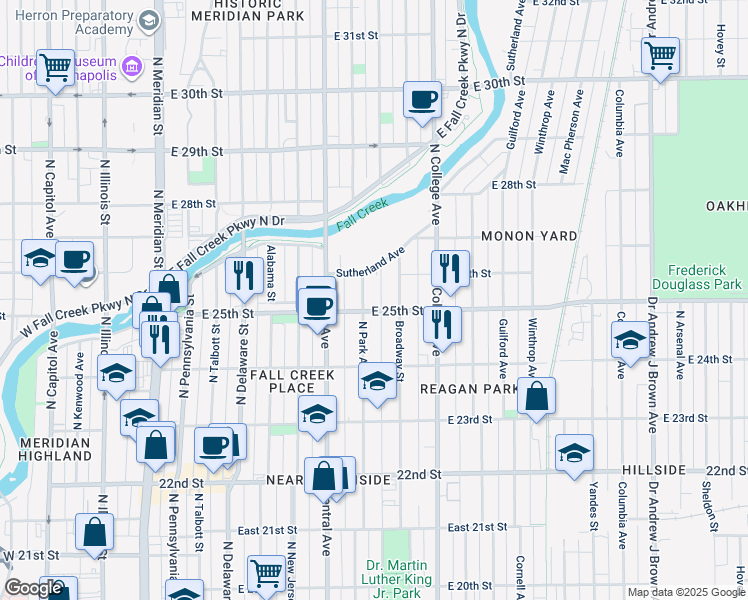 map of restaurants, bars, coffee shops, grocery stores, and more near 2540 North Park Avenue in Indianapolis