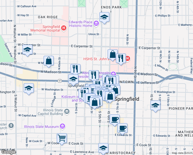 map of restaurants, bars, coffee shops, grocery stores, and more near 400 North 4th Street in Springfield