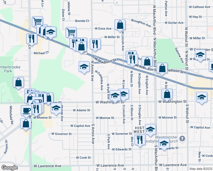 map of restaurants, bars, coffee shops, grocery stores, and more near 240 North Columbia Avenue in Springfield