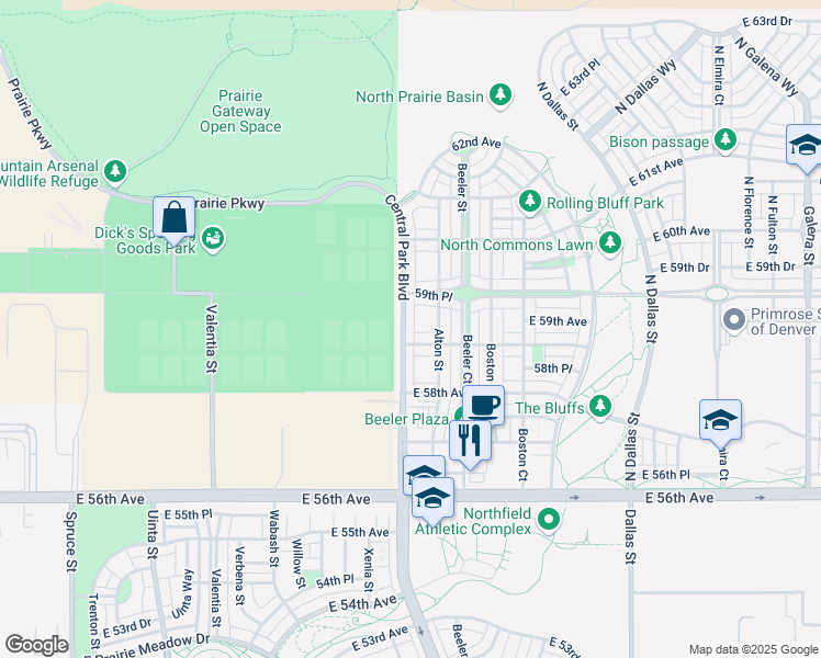 map of restaurants, bars, coffee shops, grocery stores, and more near 5892 Central Park Boulevard in Denver