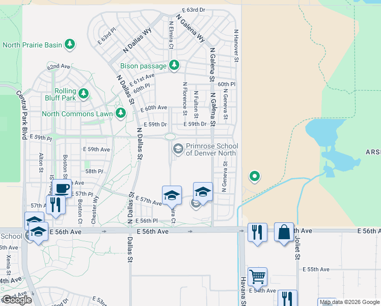 map of restaurants, bars, coffee shops, grocery stores, and more near 9996 East 59th Place in Denver