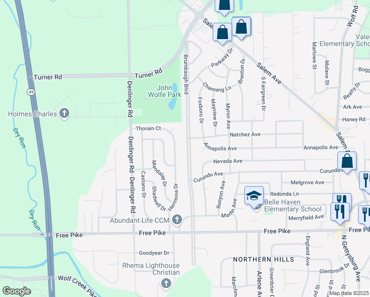 map of restaurants, bars, coffee shops, grocery stores, and more near 3905 Brumbaugh Boulevard in Dayton