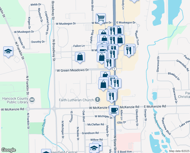 map of restaurants, bars, coffee shops, grocery stores, and more near 211 West Green Meadows Drive in Greenfield