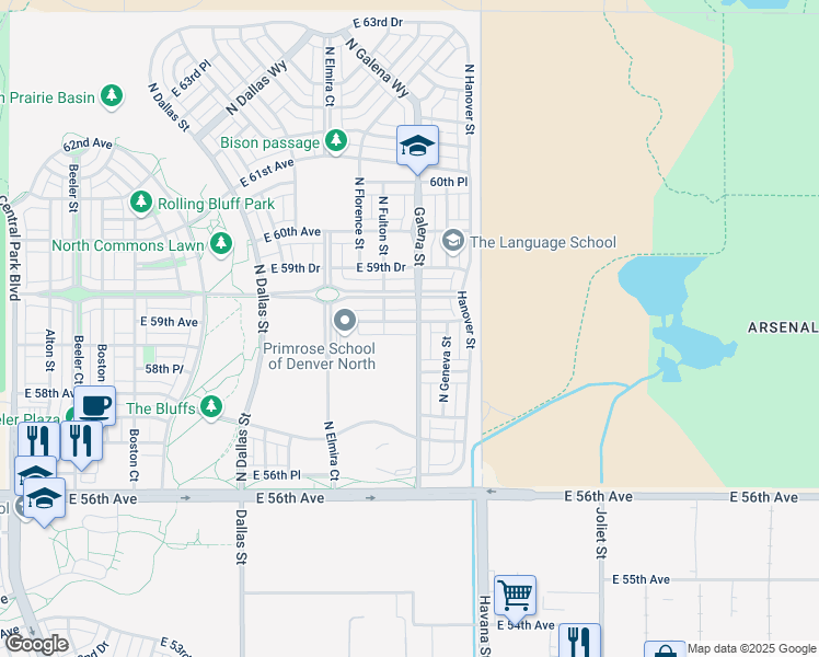 map of restaurants, bars, coffee shops, grocery stores, and more near 10184 East 59th Avenue in Denver