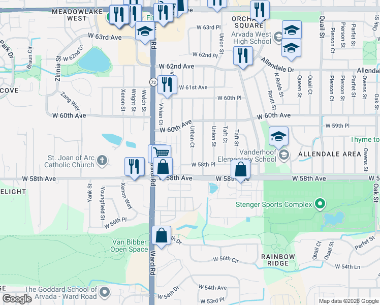 map of restaurants, bars, coffee shops, grocery stores, and more near 5883 Urban Court in Arvada