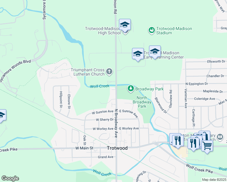 map of restaurants, bars, coffee shops, grocery stores, and more near 481 North Broadway Street in Trotwood