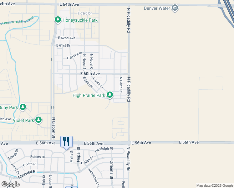 map of restaurants, bars, coffee shops, grocery stores, and more near 21565 East 59th Drive in Aurora