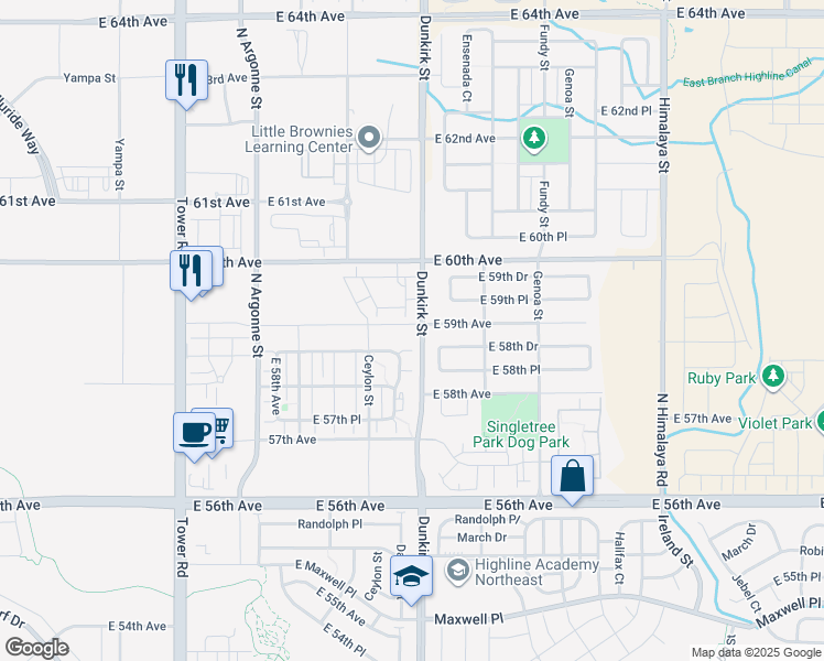 map of restaurants, bars, coffee shops, grocery stores, and more near 19307 North Dunkirk Street in Aurora