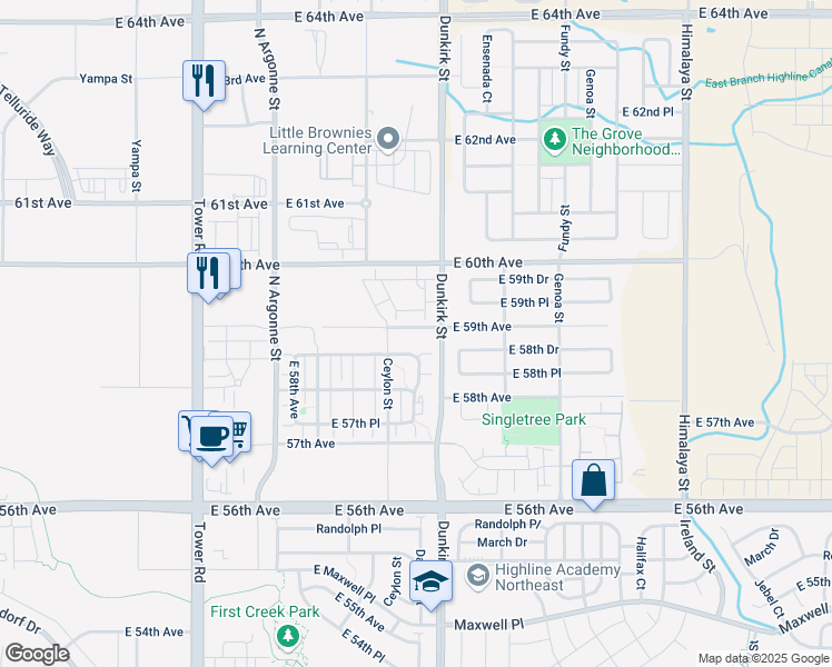 map of restaurants, bars, coffee shops, grocery stores, and more near 19307 North Dunkirk Street in Aurora